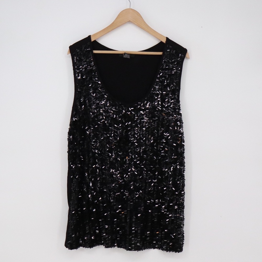 Verve Tank Top Womens 2X Sequin Front Scoop Neck Black Sleeveless Glam Excellent